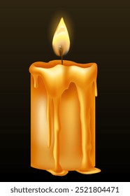 Queimando vela com gotejamento ou fluxo de cera. Vela amarela com chama dourada. Cera acesa e derretida. Ilustração de bela vela brilhante no fundo escuro