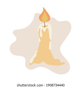 Burning candle with dripping wax. Simple flat illustration. Stock vector illustration isolated on white background. One lit candle icon. Wax candle on abstract spot background.