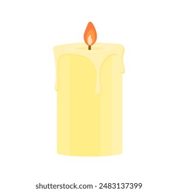 Burning candle with drips on a white background