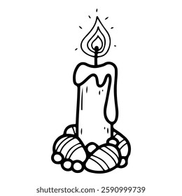 Burning candle with Easter eggs. Hand drawn doodle. Easter celebration. Holiday symbol. Religious traditional element. Vector line art illustration.