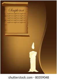 A burning candle and an expanded sheet of parchment placed on a brown grunge background with space for inscriptions