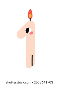 Burning candle with figure one. Cute number 1 with fire for holiday. Funny font with age for birthday cake. Monster character with letter shape. Flat isolated vector illustration on white background