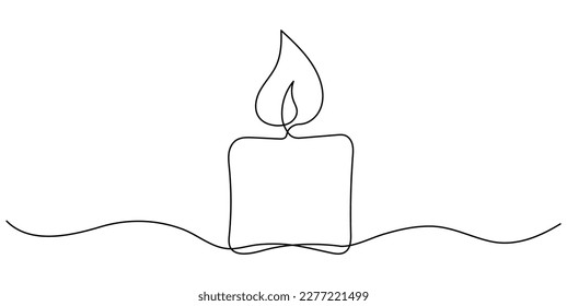 Burning candle flame continuous one line drawing art. Vector isolated on white.	