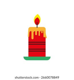 Queimando a chama da vela. Objeto de cera vermelha. Luz quente. Vetor brilhante festivo.