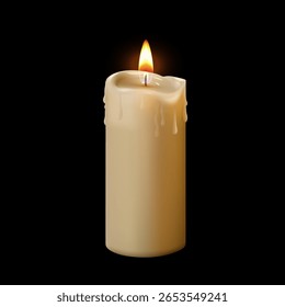 Burning candle with flowing wax 3D vector illustration. Realistic glowing lit paraffin candle with fire flame isolated. Aromatherapy, memorial or celebration event decoration