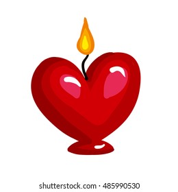 Burning candle in the form of heart. Vector illustration. Isolated on white.