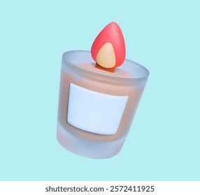 Burning candle in a frosted glass jar with white label in 3D illustration on a light blue background. Minimalistic digital art style. Home decor and relaxation concept