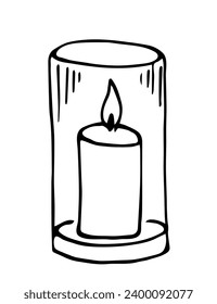 Burning candle in a glass flask. simple vector drawing with black outline.
