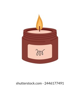 Burning candle in glass jar. Aroma candle in scandi style illustration on white background.