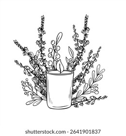 Burning candle in glass jar and heather, boxwood branches monochrome vector illustration. Etching drawing of holiday composition for festive design, wellness branding, nature packaging.