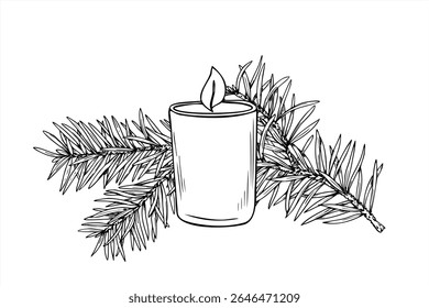 Burning candle in glass jar with pine branch monochrome vector illustration painted by black inks. Xmas decoration for holiday design, festive decor, spa and wellness, aromatherapy, posters