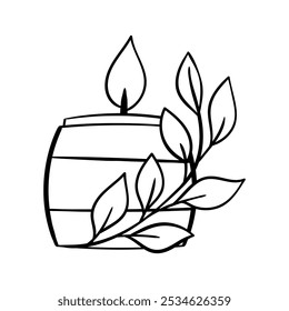 Burning candle and green branch, linear icon