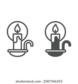 Burning candle with halo line and solid icon, easter holiday concept. Vector graphics. Glowing candlestick sign on white background, outline style icon for mobile or web design