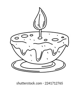 Burning candle in hand drawn doodle style. Isolated vector illustration. Coloring book for kids.