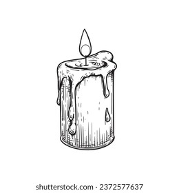 Burning candle in hand drawn sketch style. Retro vintage  beewax candle illustration. Vector drawing isolated on white.