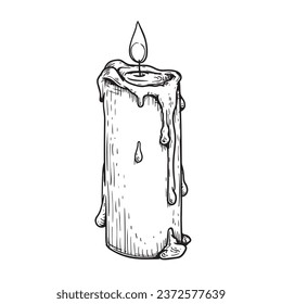 Burning candle in hand drawn sketch style. Retro vintage  beewax candle illustration. Vector drawing isolated on white.