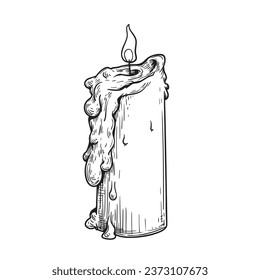 Burning candle in hand drawn sketch style. Retro vintage  beewax candle illustration. Vector drawing isolated on white.