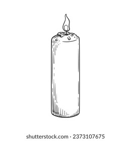 Burning candle in hand drawn sketch style. Retro vintage  beewax candle illustration. Vector drawing isolated on white.