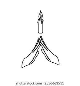 Burning candle in hands. Hands folded in prayer. Preyer christian. Sketch style hand drawn elements. Stock outline vector illustration, isolated on white background