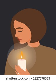 A burning candle in the hands of a woman on a black vertical background illuminates and warms their home. Ukraine without electricity and heat in 2022. Vector.