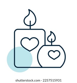 Burning candle with hearts icon. Valentines day symbol. Vector illustration, romance elements. Sticker, patch, badge, card for marriage, wedding
