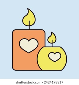 Burning candle with hearts icon. Valentines day symbol. Vector illustration, romance elements. Sticker, patch, badge, card for marriage, wedding