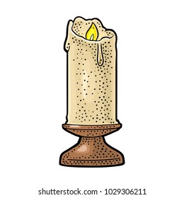 Burning candle with holder and fire flame. Isolated on white background. Vintage vector color engraving illustration for celebration, poster, web. Hand drawn design element for label and poster