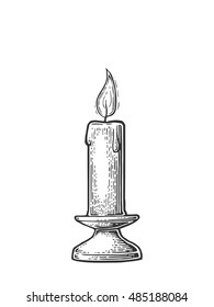 Burning candle with holder and fire flame. Isolated on white background. Vintage vector engraving illustration for celebration, poster, web.