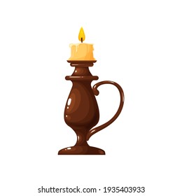 Burning candle in holder with handle isolated realistic icon. Vector mystic, romantic wax stick candle with fire on top. Christmas, New Year decoration, copper holder, antique brass candelabra