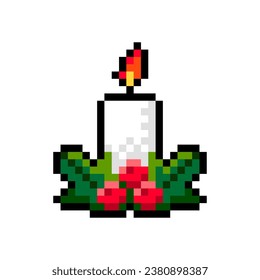 Burning candle with holly leaves and berries pixel icon isolated on white background. Christmas symbol in 16-bit old style. Vector illustration of New Year elements.