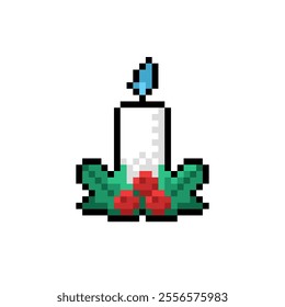 Burning candle with holly leaves and berries pixel icon isolated on white background. Christmas symbol in 16-bit old style. Vector illustration of New Year elements.