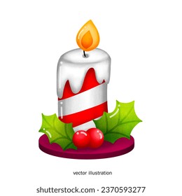 Burning candle holly leaves and red berries vector illustration