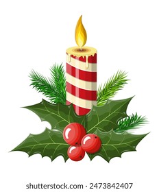 Burning candle, holly leaves and red berries. Happy new year decoration. Merry christmas holiday. New year and xmas celebration. Vector illustration in flat style