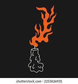Burning candle with a huge flame on a black background. retro poster. Flat design, cartoon hand drawn, vector illustration.