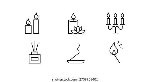 Icono de la vela ardiente conjunto de iconos de línea delgada negra de cera ardiente, trazo editable aislado en blanco, ilustración de contorno de Vector lineal, estilo de diseño de logotipo de símbolo