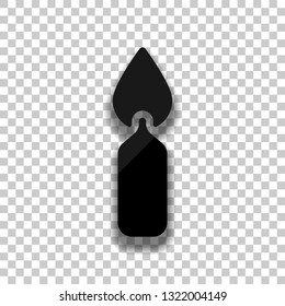 Burning candle icon. Sign of christmas or birthday. Black glass icon with soft shadow on transparent background