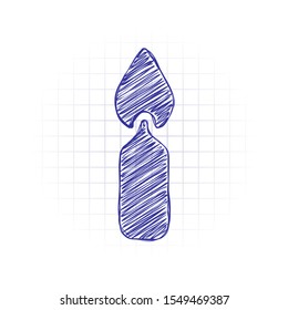 Burning candle icon. Sign of christmas or birthday. Hand drawn sketched picture with scribble fill. Blue ink. Doodle on white background