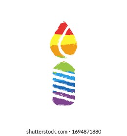 Burning candle icon. Sign of christmas or birthday. Drawing sign with LGBT style, seven colors of rainbow (red, orange, yellow, green, blue, indigo, violet