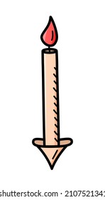 Burning candle icon, vector doodle illustration of a wax candle with a wick.