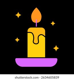 Burning candle icon. Yellow wax, purple base, orange flame, glowing sparkles around. Symbol of calmness, evening routine, or sleep preparation.