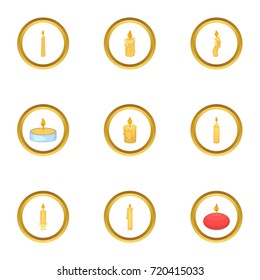Burning candle icons set. Cartoon style set of 9 burning candle vector icons for web design