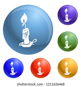 Burning candle icons set vector 6 color isolated on white background