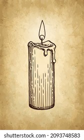 Burning candle. Ink sketch on old paper background. Hand drawn vector illustration. Vintage style stroke drawing.