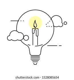 Burning candle inside a light bulb. Concept of idea and creativity. Outline thin line illustration. Isolated on white background. 