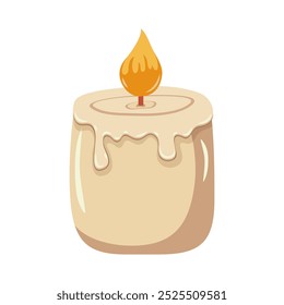 Burning candle isolated. A single beige candle with dripping wax and a bright flame on top. For festive, romantic, or spiritual themes.