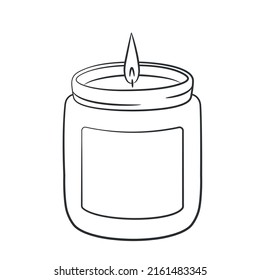 A burning candle in a jar. Doodle sketch style. Line drawing simple wax candle. Isolated vector illustration.