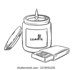 Burning candle in a jar with hand drawn label. Doodle sketch style. Line drawing of a simple candle in a jar with a box of matches. Isolated vector illustration in a linear style.