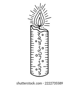 Burning candle Line Art for logo or graphic design element. Hand drawn, doodle caфndle isolated on white background. Candle - a symbol of esotericism, mysticism, witchcraft, magic
