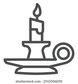 Burning candle line icon, haloween concept. Vector graphics. Candlestick on plate sign on white background, outline style icon for mobile or web design