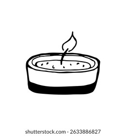 Burning candle in a low candlestick. Hand-drawn black and white illustration. Attribute of Christmas, Easter. Fire, warmth and comfort in the house, for a spa beauty salon.